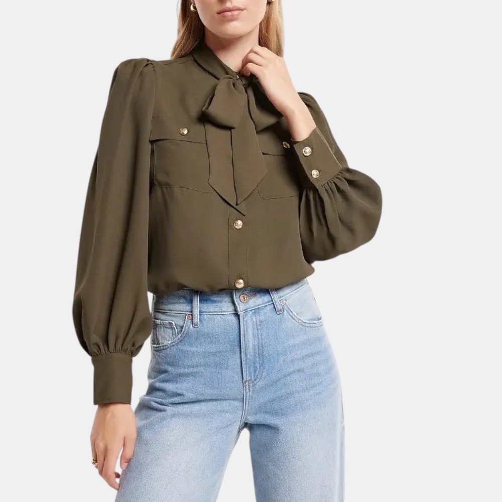 Express XL Dark Green Tie Neck Blouse Gold Buttons Balloon Sleeve Office Casual
